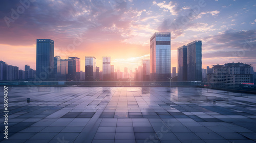 Empty square floors and city skyline with modern buildings at sunset in Suzhou Jiangsu Province China high angle view : Generative AI photo
