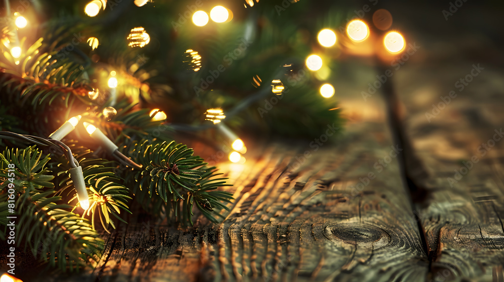 custom made wallpaper toronto digitalChristmas lights and branches of spruce on wooden surface : Generative AI