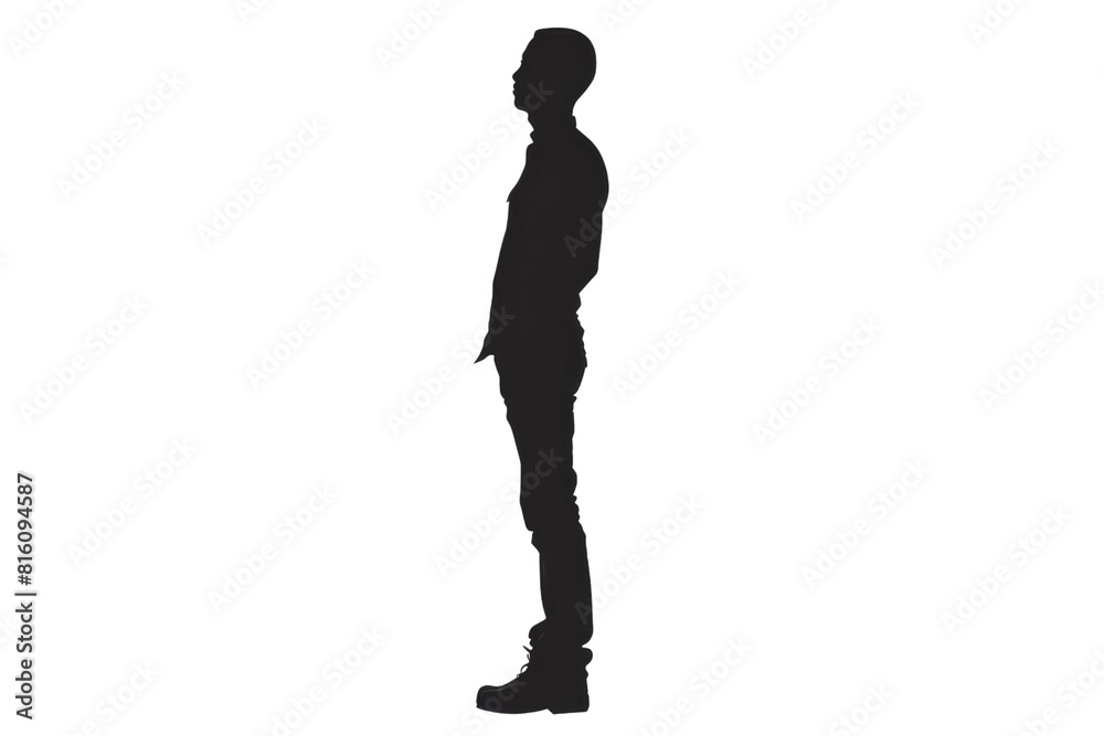 black silhouette of a person standing sideways. The person is wearing a long dress or skirt and has long hair. The background is white. black silhouette of a person standing sideways. The person is wearing a long dress or skirt and has long hair. The background is white.