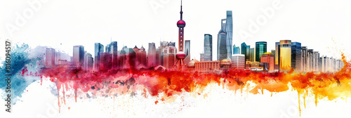 Beijing. Vivid cityscape painting on white canvas using liquid paint. Generative AI