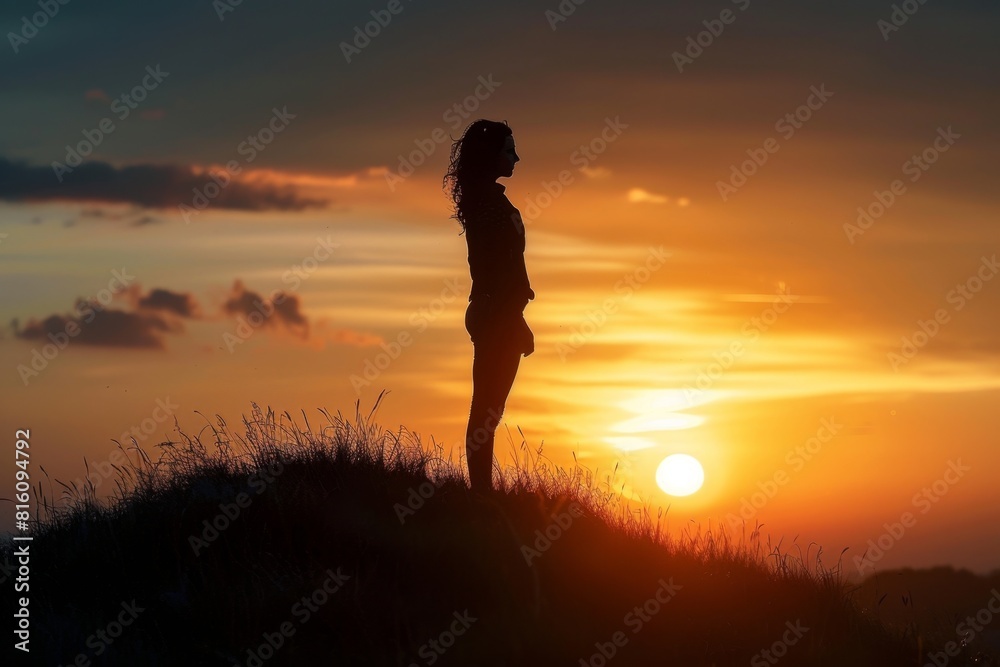 Fototapeta premium Silhouette of a woman standing on a hill at sunset, backlit, low angle view Generative AI
