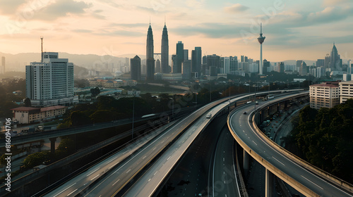 Low angle curvy flyover highway moving forward road with kuala lumpur cityscape evening scene view   Generative AI