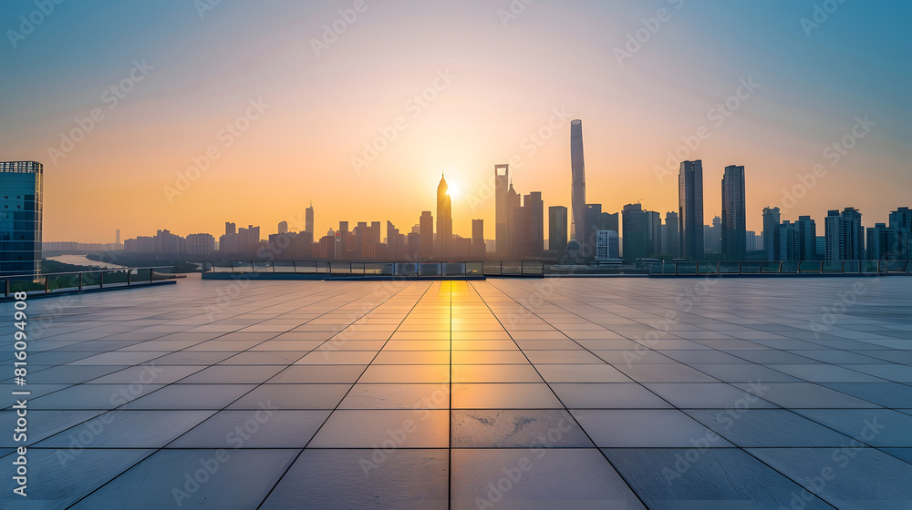 Empty floor and modern city skyline with building at sunset in Suzhou Jiangsu Province China high angle view : Generative AI Empty floor and modern city skyline with building at sunset in Suzhou Jiangsu Province China high angle view : Generative AI