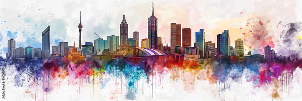 Fototapeta premium Melbourne. City skyline watercolor art with violet and magenta skyscrapers. Generative AI