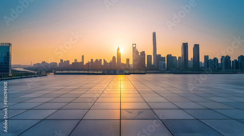 Empty floor and modern city skyline with building at sunset in Suzhou Jiangsu Province China high angle view : Generative AI photo