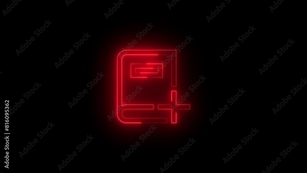Neon glowing red color dictionary add book icon on black background animation Neon glowing red color dictionary add book icon on black background animation