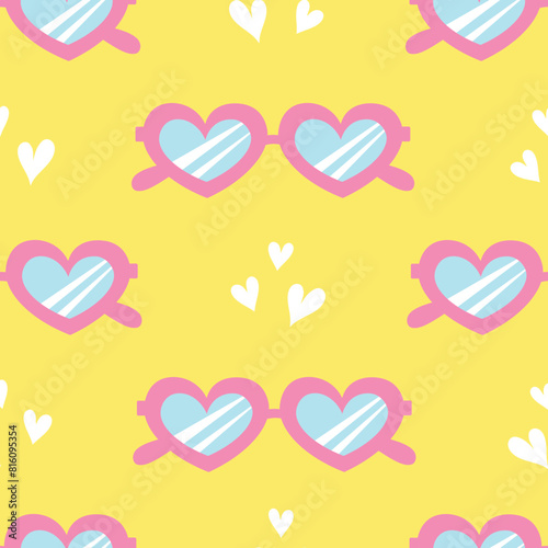 Seamless pattern with pink heart shape sunglasses on yellow background. Summer or beach holiday theme repeating wallpaper. Vector illustration.