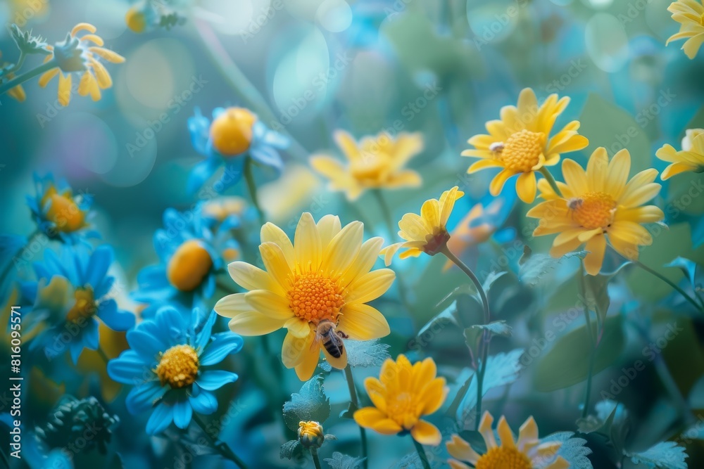Vivid Yellow Flowers with Pollinating Bee - Surreal Blue Foliage Background