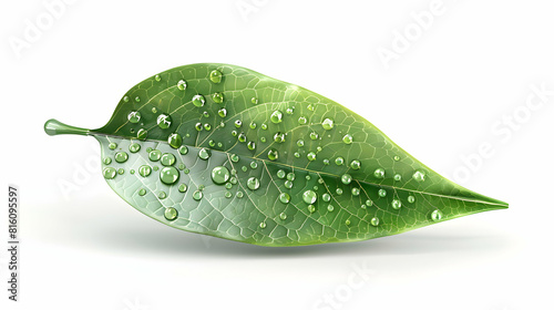 A glossy 3D flat cartoon magnolia leaf with dew drops on white background, showcasing broad oval shape and deep green color   ideal for garden decor or educational use