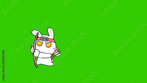 Animated ninja rabbit shooting an arrow at a target with a heart shape, on a green screen background