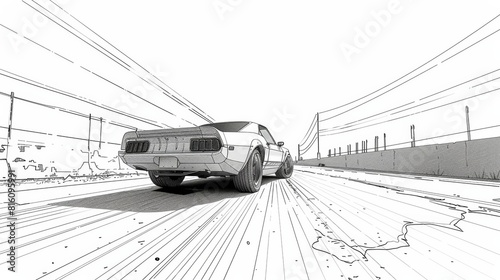 Vintage muscle car illustrated in a high-speed chase scene, with dynamic line art creating a sense of urgent movement