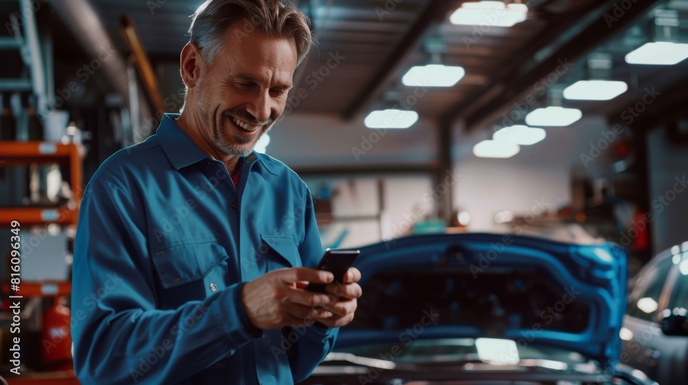 Mechanic Smiling While Using Smartphone Mechanic Smiling While Using Smartphone