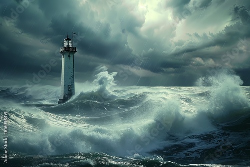 A dramatic scene of powerful ocean waves crashing against a lone lighthouse, exhibiting the majesty of nature