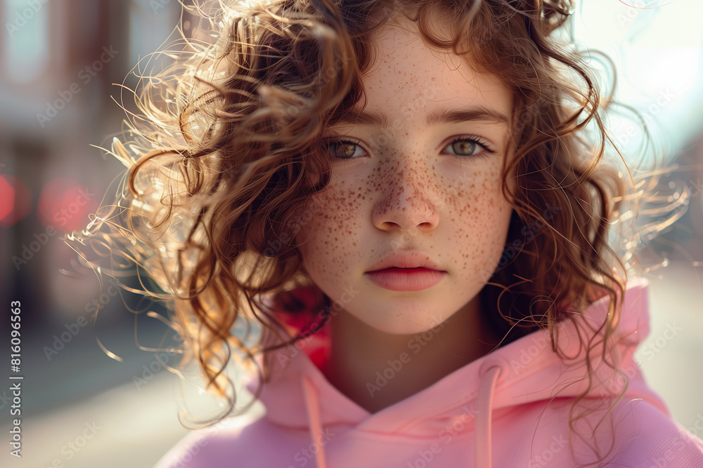 Portrait of young girl with brown curly hair and freckles, no makeup, wearing pink hoodie in city street in sunny day