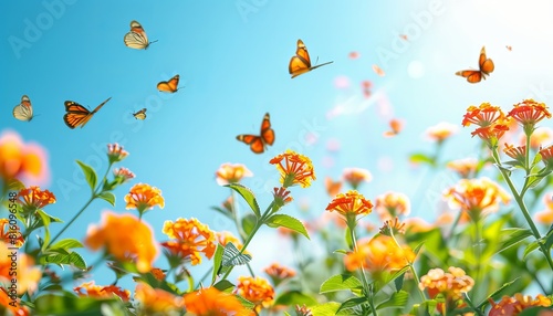 Bright and lively scene with Monarch butterflies gracefully fluttering over vibrant orange flowers against a blue sky