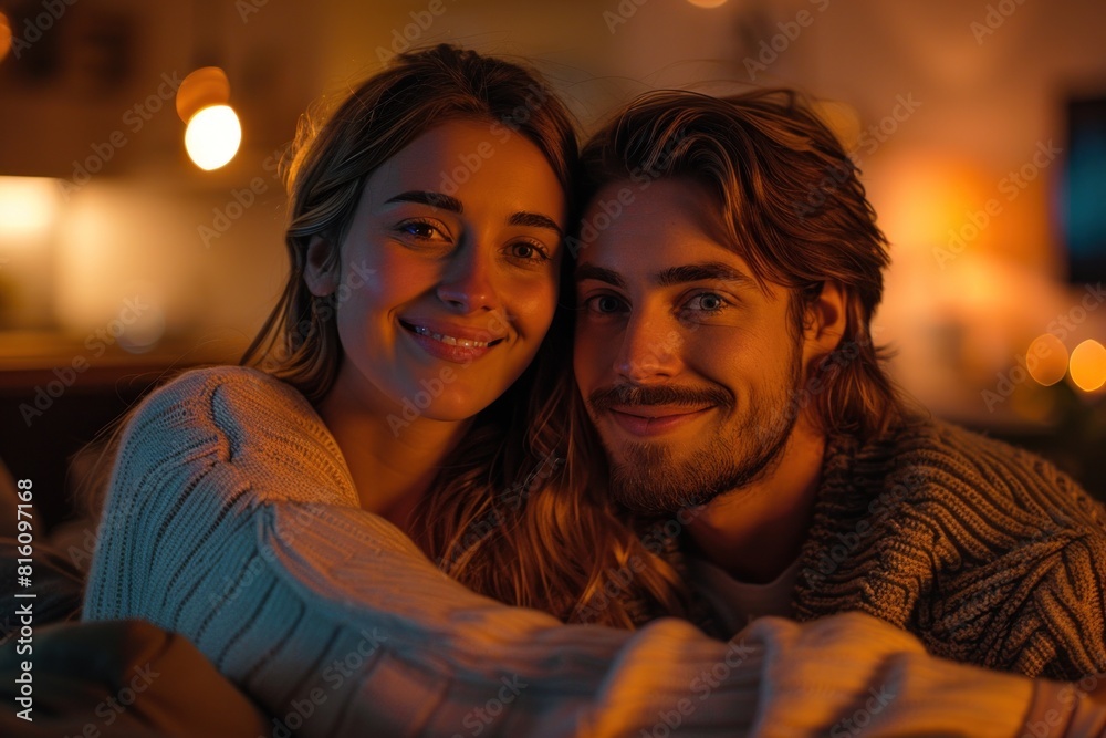 Young couple embraces in a warmly lit room, exuding comfort and romance, their smiles glowing in the intimate atmosphere of a tranquil evening together