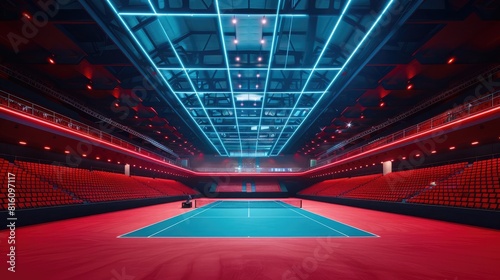 A tennis court inside an indoor stadium with red seats and lighting is shown in a wide angle