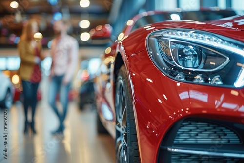 Red car headlight and grill in focus, with potential customers blurred in the background of a welllit car dealership showroom © Minerva Studio