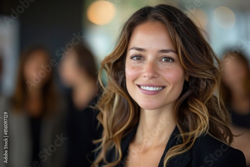 Professional young woman with a beaming smile poses in a corporate setting, exuding confidence and approachability, with her colleagues softly blurred in the background