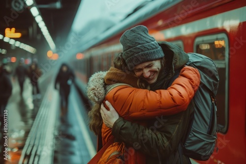 Emotional embrace between a man and woman on a bustling train station platform captured in a heartwarming moment amid the hustle and bustle of travelers and incoming trains