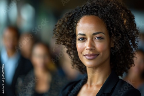 Confident professional woman with curly hair smiling in an office setting, embodying workplace diversity and leadership