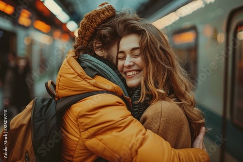Happy couple embraces warmly at a metro station, their love evident in the woman's comforting smile