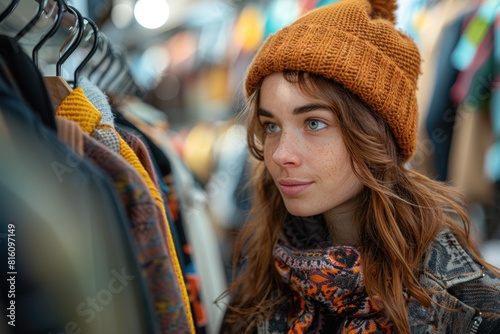 Thoughtful young woman with freckles browsing through a rack of colorful autumn clothing, wearing a cozy knitted hat and patterned scarf in a boutique setting