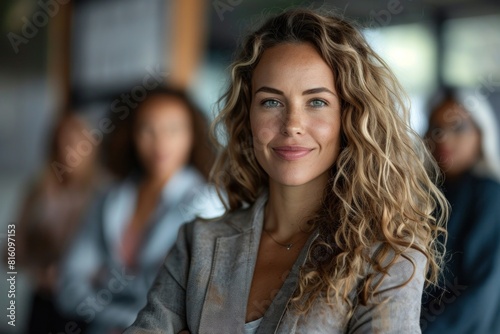 Portrait of a professional young businesswoman with curly hair smiling confidently at the camera with her colleagues blurred in the background, illustrating leadership and a positive workplace