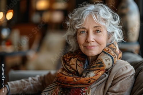 Tranquil elderly woman with curly grey hair and a cozy scarf, relaxing in a welllit cafe setting
