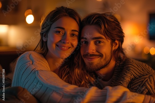 Young couple embraces in a warmly lit room, exuding comfort and romance, their smiles glowing in the intimate atmosphere of a tranquil evening together