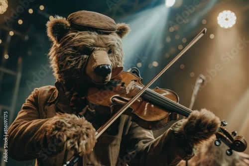 Enchanting violin performance in an elaborate bear costume mesmerizes audience on a cozy theater stage