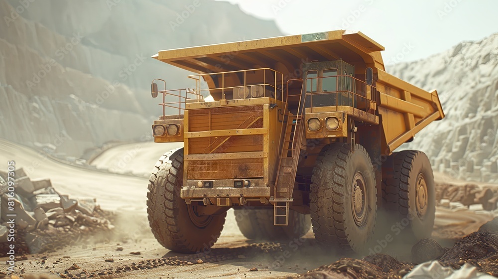 Obraz premium Hauling ore in a huge dump truck over the terraced paths of a deep open pit mine. The concept of developing a deposit of something. Large-scale mining operations. Illustration for varied design.