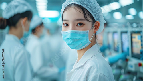 Asian female doctor in white coat and hair cover working in emergency department of hospital