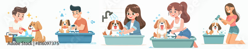 vector collection of men and women bathing a dog