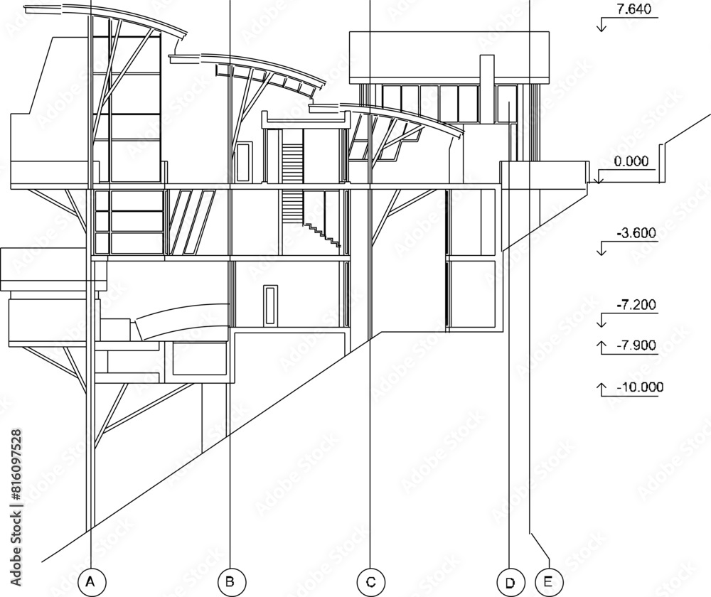 Vector illustration sketch of architectural technical drawing design looking at a villa building on the edge of a hill with split levels Vector illustration sketch of architectural technical drawing design looking at a villa building on the edge of a hill with split levels