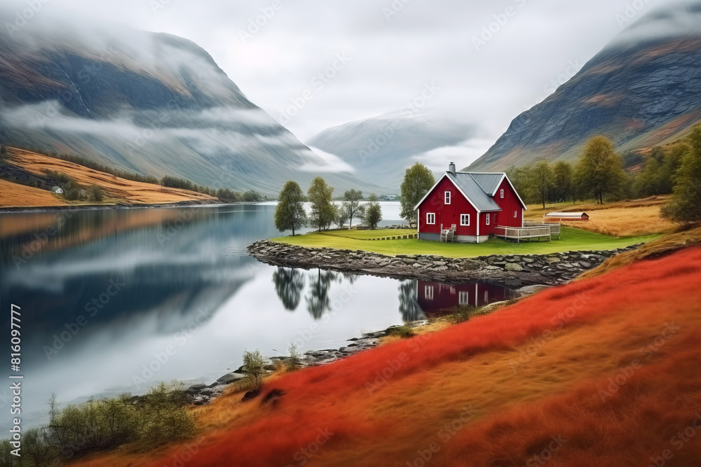 Red House by a Serene Lake in Mountain Valley with Autumn Colors in Norway Red House by a Serene Lake in Mountain Valley with Autumn Colors in Norway
