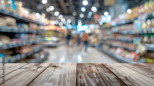wood plank over blurred image of supermarket people shopping  product shelf  business concept : Generative AI photo