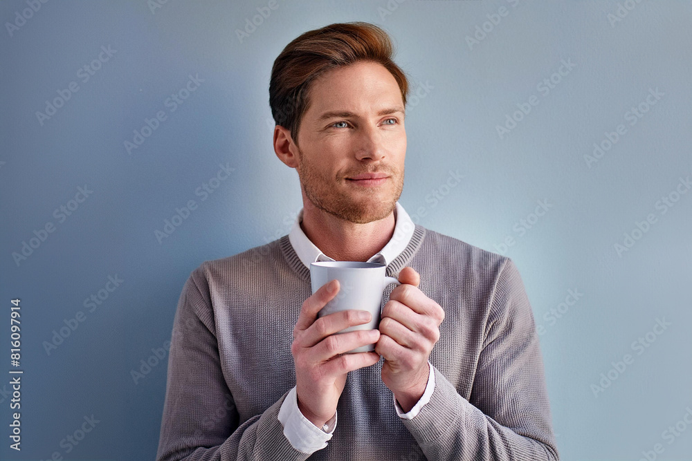 Entspannter Mann mit Kaffeetasse vor neutralem Hintergrund Entspannter Mann mit Kaffeetasse vor neutralem Hintergrund
