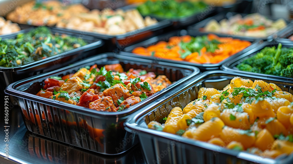 Delicious ready-to-eat meals in takeout containers displayed