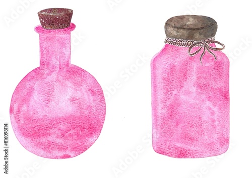 watercolor pink jars, medical and magic flasks and bottles with an empty space for your text on white background
