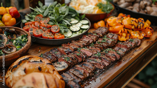 Delicious grilled steak and vegetables on festive table