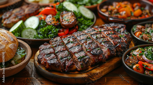 Grilled steak and fresh vegetables on rustic wooden table