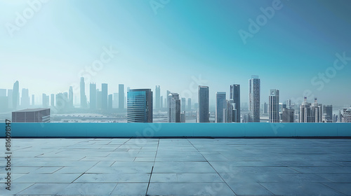 Empty terrace mockup with modern city skyline concrete observatory deck on rooftop