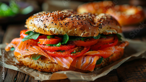 Delicious salmon bagel sandwich with fresh vegetables