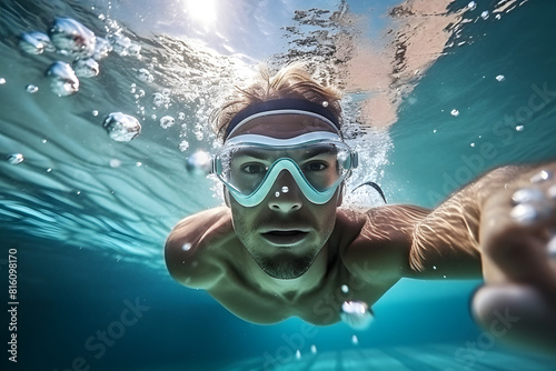 Male swimmer wearing goggles submerges in water