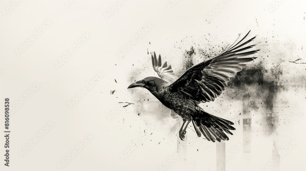 Fototapeta premium Dark Raven in Flight with Splattered Ink Effect - Edgy Modern Art, Symbol of Freedom, Mysterious Bird Illustration, Urban Gothic Style, Dramatic Avian Imagery, Artistic Wildlife Concept