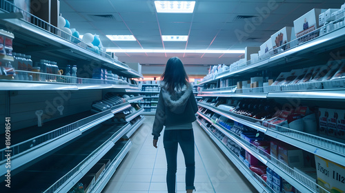 Woman shopping among empty shelves at a supermarket during coronavirus pandemic : Generative AI