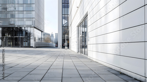 large modern building with high white wall near empty sidewalk covered with grey stone tiles on city street in spring : Generative AI