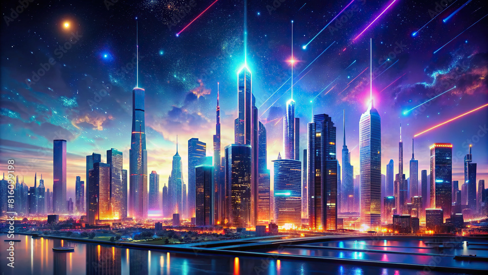 A digital artwork showcasing a futuristic city skyline with glowing neon lights against a starry night sky, blending elements of urban life and technological advancement.