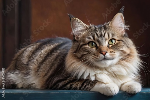 cat with long fur is laying on a blue surface